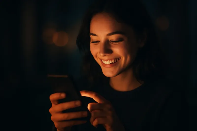 Young person smiling while tapping phone in warm screen light