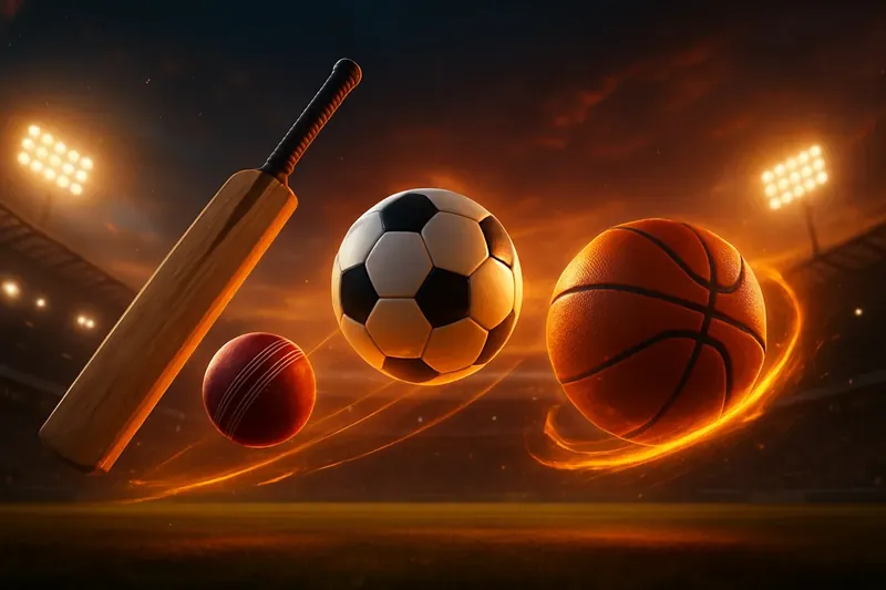 Neon Sports Collage Cricket bat and ball with football and basketball in neon stadium