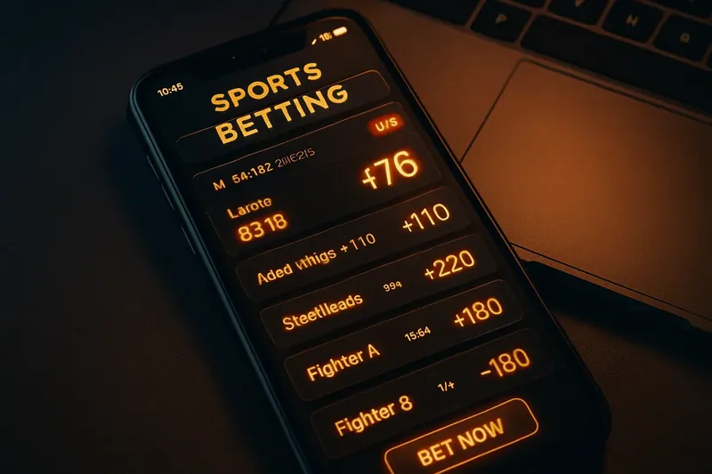 Sports Betting App Close-up of sports betting app with glowing odds and live scores
