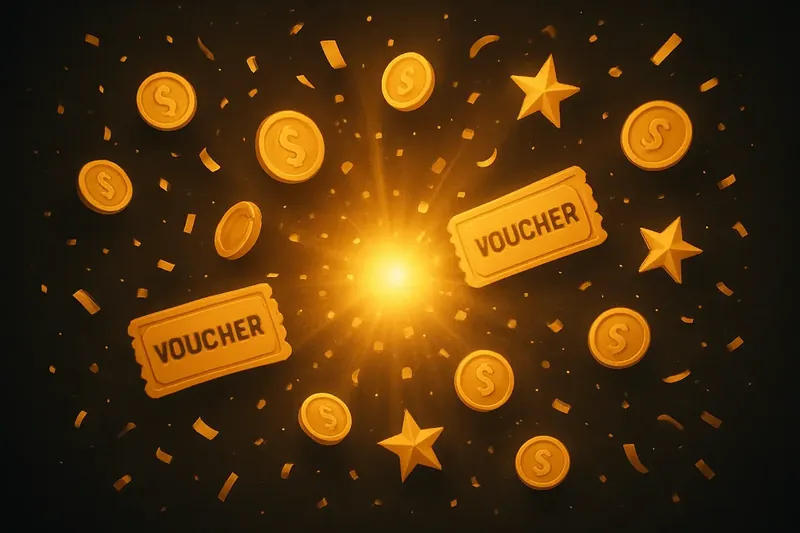 Golden coins, voucher tickets, and stars exploding from bright flash