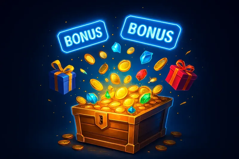 Golden treasure chest bursting with coins, gems, gifts and bonus tags