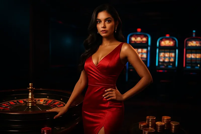 Bangladesh casino homepage banner with woman in red dress, roulette and slots