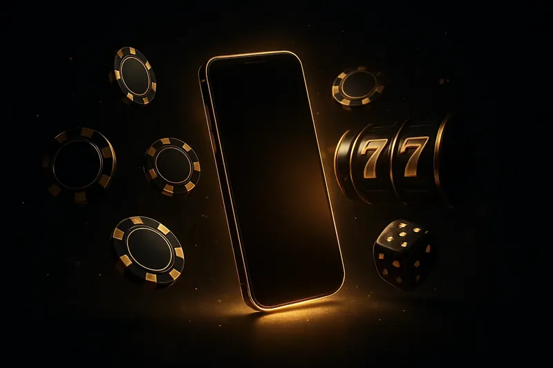 Glowing smartphone with floating casino chips, dice, and slot reels