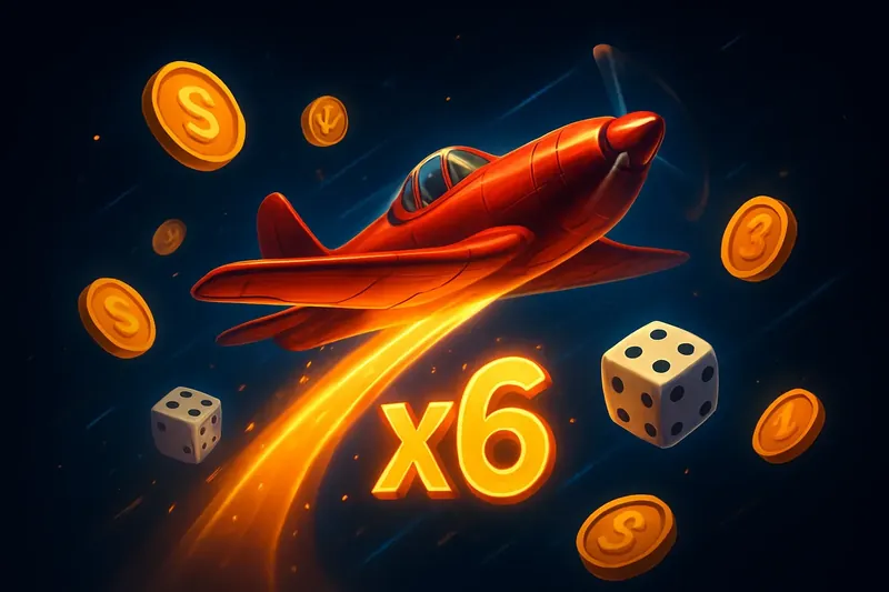 Red airplane soaring with glowing multiplier trail, coins and dice floating