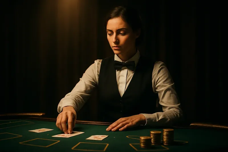 Elegant Live Casino Table Professional female dealer behind green felt table with golden chips