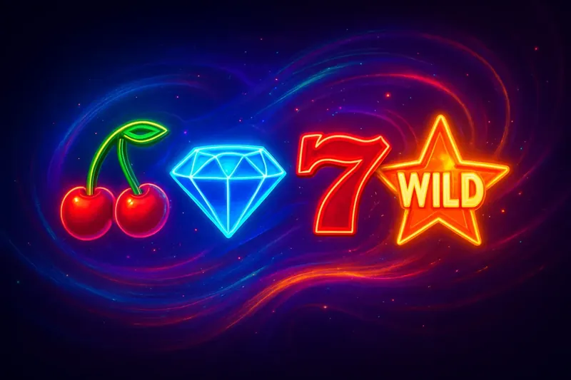 Neon Slot Symbols Colorful slot symbols in neon swirl on dark premium background